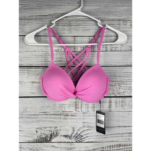 Relleciga Fuchsia Pink Push-up Bikini Top NEW Twist Front Swimsuit Small Strappy - Picture 1 of 6